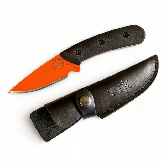 Tassie Tiger Knives Fixed Orange Blade - Black Handle w/ Leather Sheath (Australian Made)