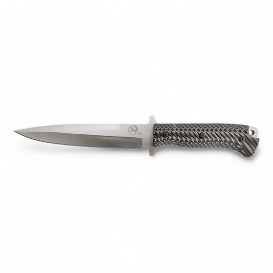 Tassie Tiger Knives Pick Sticker Silver Blade - Black/Silver G10 Handle w/ Leather Sheath